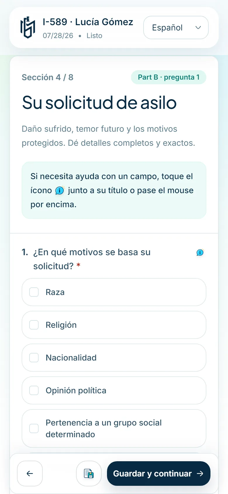 El formulario I-589 en el teléfono del cliente, con las preguntas en español