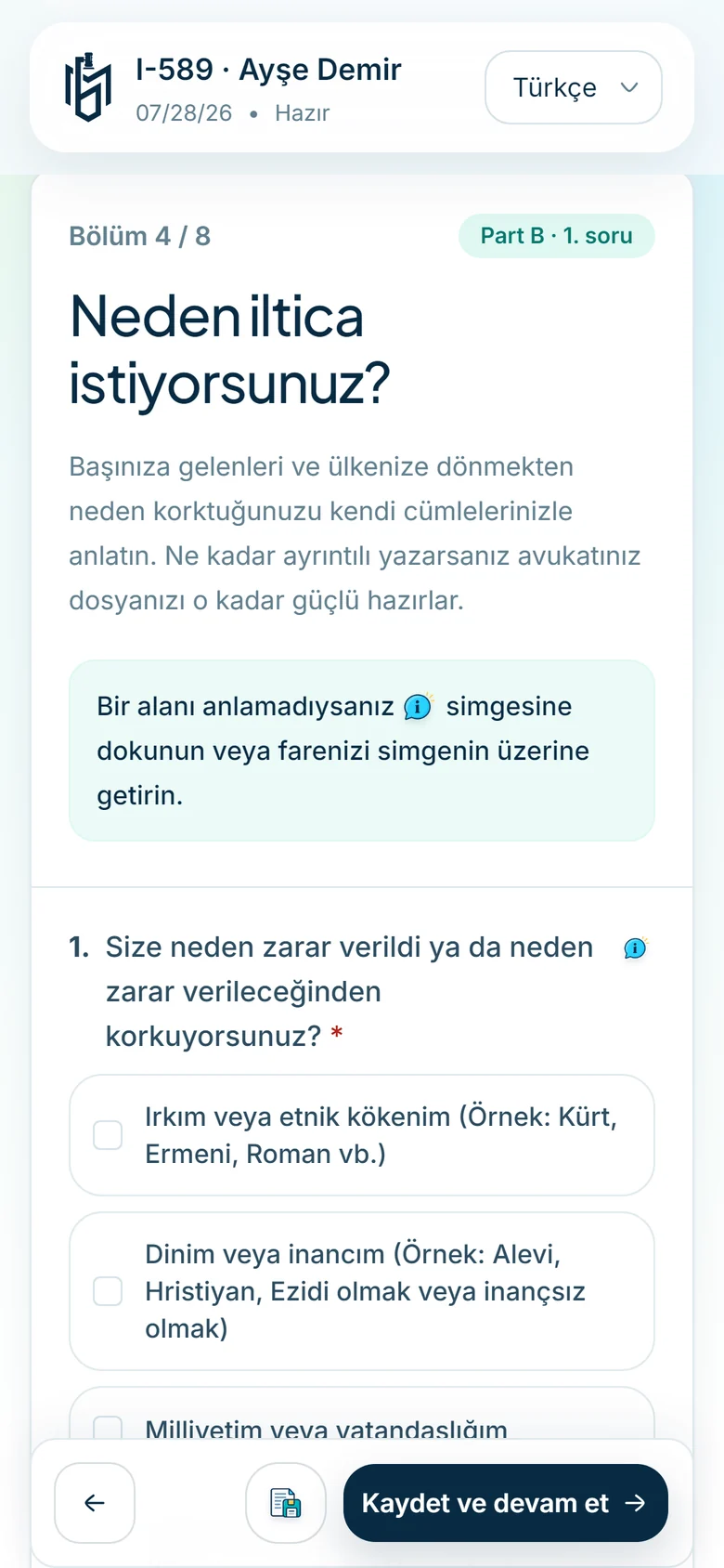 Müvekkilin telefonunda I-589 formu, sorular Türkçe